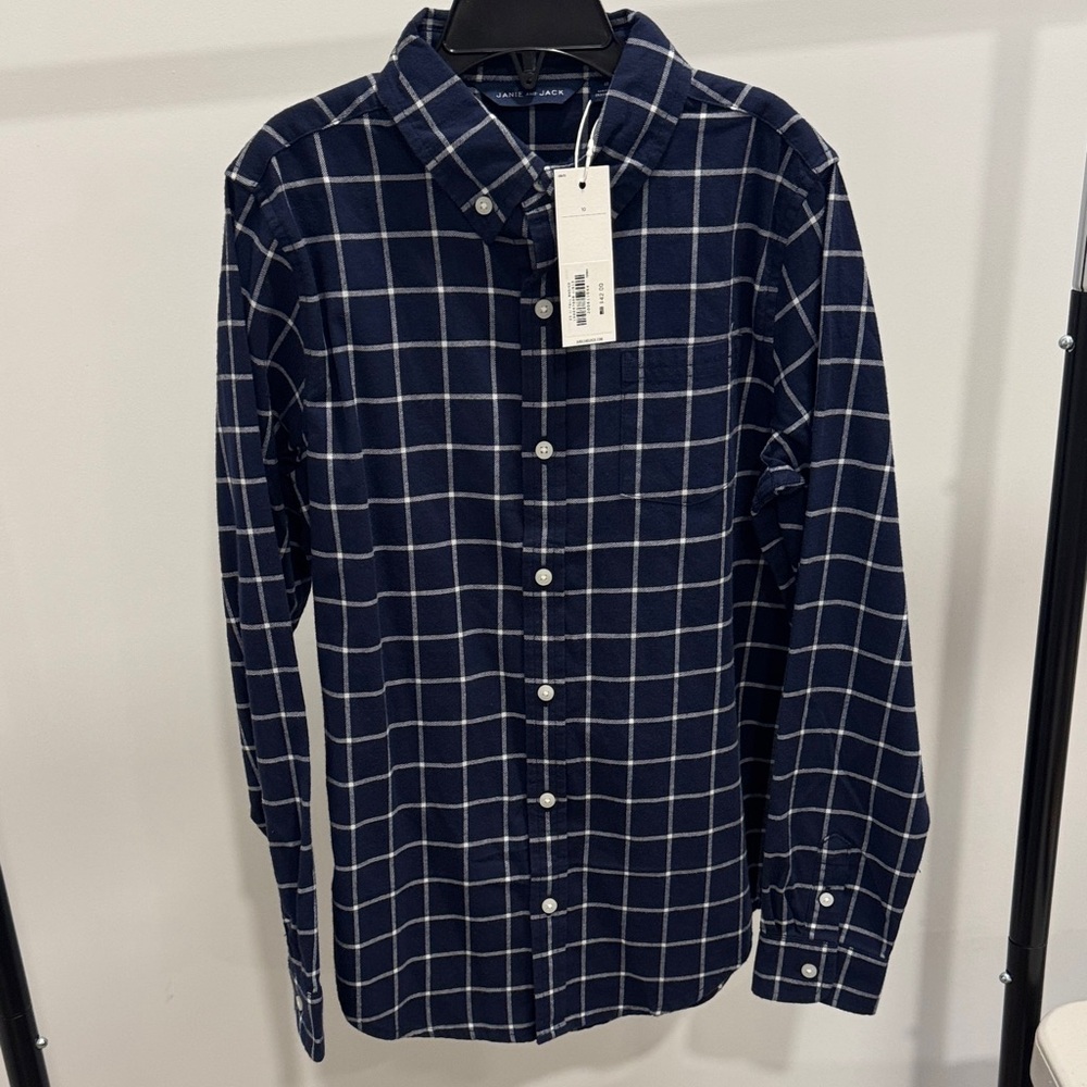 Janie and Jack Navy Blue Checkered Kids Button Down Shirt - Picture 1 of 4